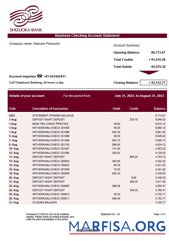 Printable Shizuoka Bank organization checking account statement Word and PDF template